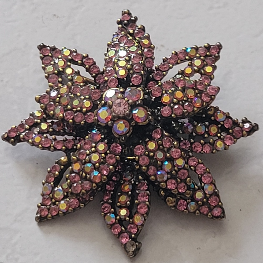 Vintage Brooch Pink Rhinestones Floral Starburst Bronze Tone Riveted Sparkly Y2K